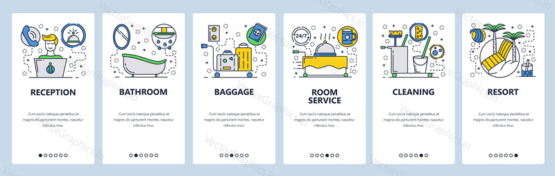 Web site onboarding screens. Hotel service, room cleaning, reception, cleaning. Menu vector banner template for website and mobile app development. Modern design linear art flat illustration