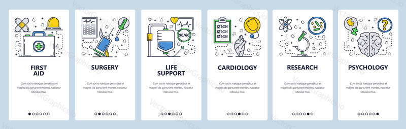 Web site onboarding screens. First aid, medical clinic, hospital, surgery. Menu vector banner template for website and mobile app development. Modern design linear art flat illustration