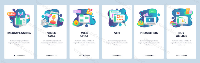 Web site onboarding screens. Social media, online chat, video call, SEO and marketing promotion, online shopping. Menu vector banner template for website and mobile app development.