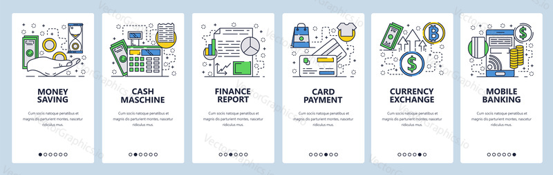 Vector web site linear art onboarding screens template. Mobile banking, credit card payment and curency exchange. Menu banners for website and mobile app development. Modern design flat illustration