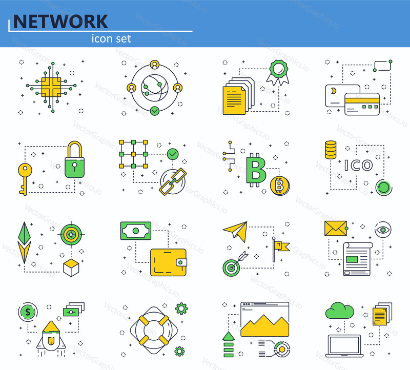 Vector set of blockchain technology and cryptocurrency icons in thin line style. Bitcoin, ethereum, ICO. Website UI and mobile web app icon. Outline design illustration