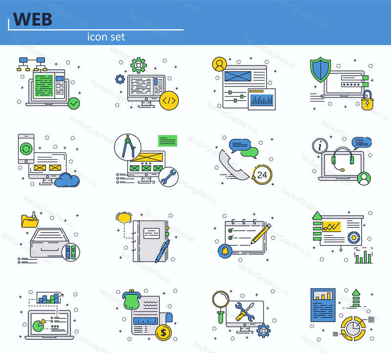 Vector set of web development and office icons in thin line style. Website UI and mobile web app icon. Outline design illustration