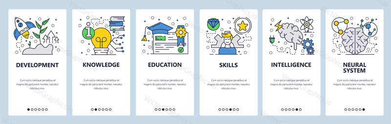 Vector web site linear art onboarding screens template. Knowledge, education and skill development. Menu banners for website and mobile app development. Modern design flat illustration