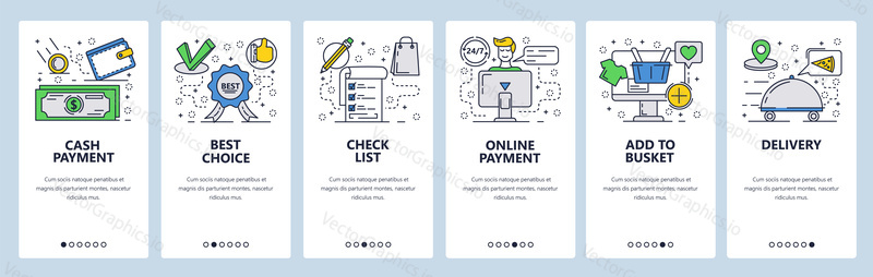Vector web site linear art onboarding screens template. Online money payments and shopping. Menu banners for website and mobile app development. Modern design flat illustration