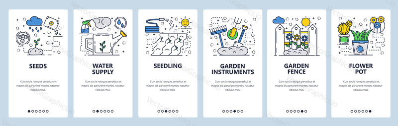 Vector web site linear art onboarding screens template. Agriculture, field plants and garden. Menu banners for website and mobile app development. Modern design flat illustration