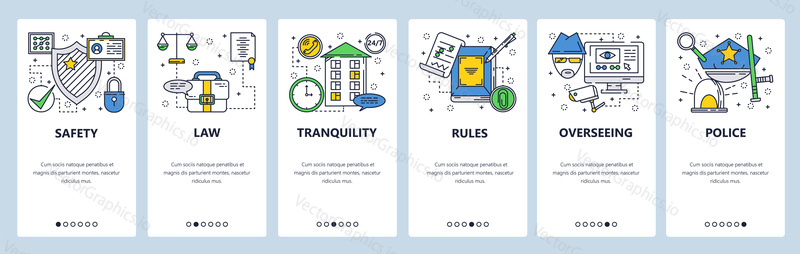 Vector web site linear art onboarding screens template. Safety, privacy and security. Menu banners for website and mobile app development. Modern design flat illustration