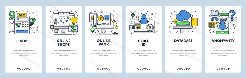 Vector web site linear art onboarding screens template. Atm, online banking and shopping, cyber ID and anonymity. Menu banners for website and mobile app development. Modern design flat illustration