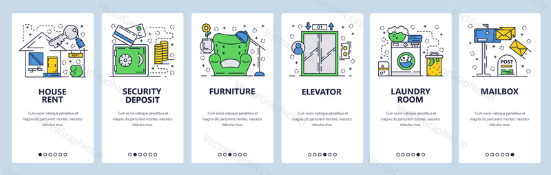 Vector web site linear art onboarding screens template. House rent, furniture, laundry, mailbox. Menu banners for website and mobile app development. Modern design flat illustration