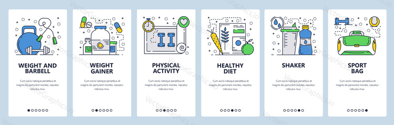 Vector web site linear art onboarding screens template. Fitness and gym accessories. Weights, barbell, protein gainer, sport food and diet. Menu banners for website and mobile app development.