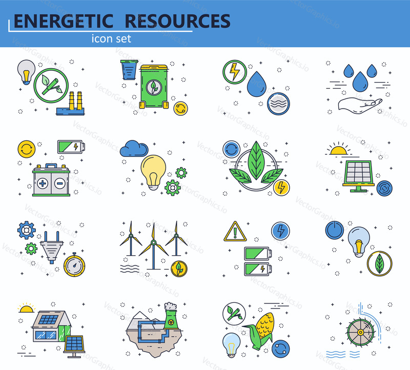 Vector set of renewable energy sources and power plants icons in thin line style. Ecology and green energy. Website UI and mobile web app icon. Outline design illustration