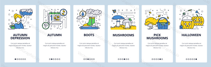 Vector web site linear art onboarding screens template. Autumn season, rain, forest mushrooms. Menu banners for website and mobile app development. Modern design flat illustration