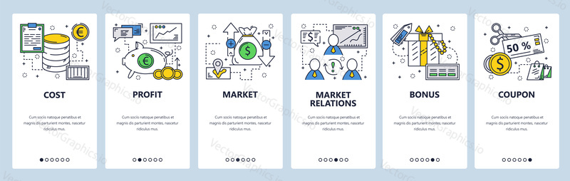 Vector web site linear art onboarding screens template. Money flow and company cost, profit and income. Menu banners for website and mobile app development. Modern design flat illustration