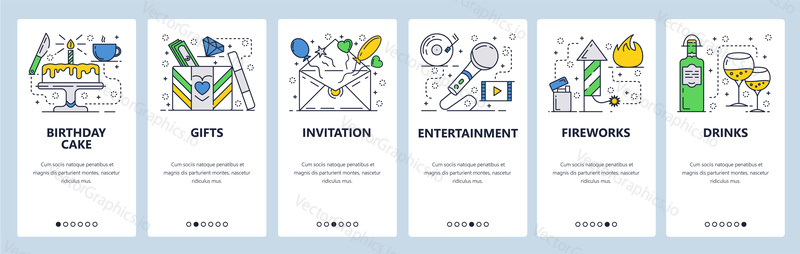 Vector web site linear art onboarding screens template. Birthday party, cake, gfts, fireworks and drinks. Birthday invitation card. Menu banners for website and mobile app development. Modern design flat illustration