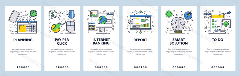 Vector web site linear art onboarding screens template. Online banking and pay per click advertising. Smart solutions. Menu banners for website and mobile app development. Modern design flat illustration
