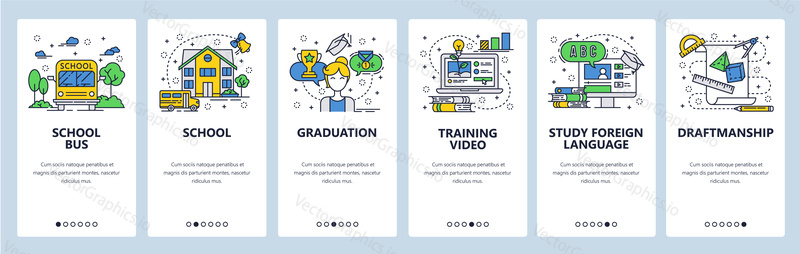 Vector web site linear art onboarding screens template. Education, school, tutorial video and books. Menu banners for website and mobile app development. Modern design flat illustration