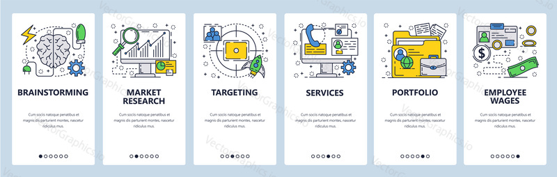 Vector web site linear art onboarding screens template. Market research, targeting and services. Menu banners for website and mobile app development. Modern design flat illustration