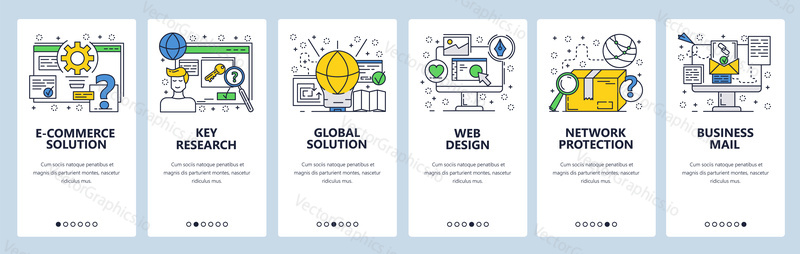 Vector web site linear art onboarding screens template. Business mail and global solutions. Menu banners for website and mobile app development. Modern design flat illustration