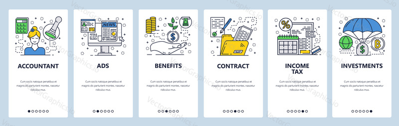 Vector web site linear art onboarding screens template. Accounting, income tax, money investment. Menu banners for website and mobile app development. Modern design flat illustration