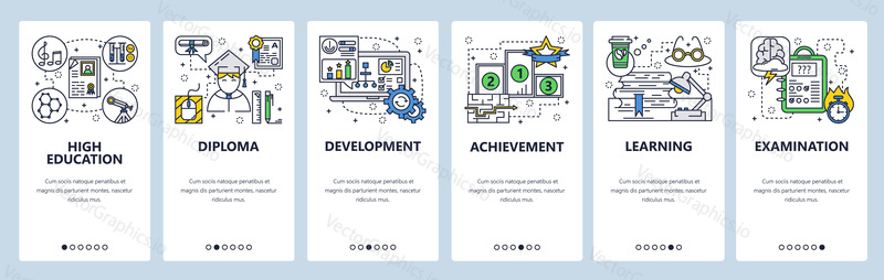 Vector web site linear art onboarding screens template. High school and college education. Menu banners for website and mobile app development. Modern design flat illustration