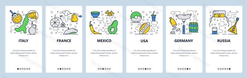 Vector web site linear art onboarding screens template. Toutist landmark and attractions in different countries. France, Italy, Russia, Germany, USA. Menu banners for website and mobile app development.