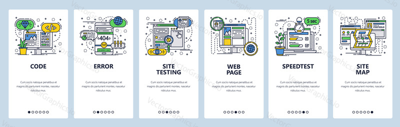 Vector web site linear art onboarding screens template. Web development, coding and testing, sitemap, speed test. Menu banners for website and mobile app development. Design flat illustration
