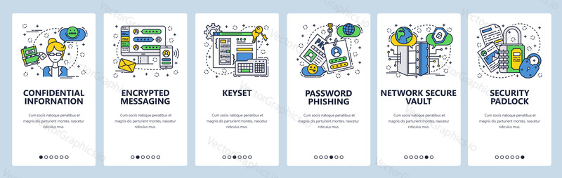 Vector web site linear art onboarding screens template. Encrypted messaging apps, hacking and cyber security. Menu banners for website and mobile app development. Modern design flat illustration