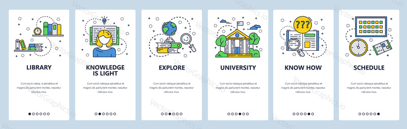 Vector web site linear art onboarding screens template. Education and knowledge. University college building, library, books. Menu banners for website and mobile app development.