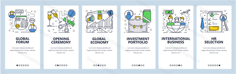 Vector web site linear art onboarding screens template. Business investment portfolio, global economy. Menu banners for website and mobile app development. Modern design flat illustration