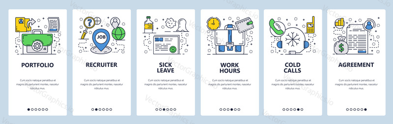 Vector web site linear art onboarding screens template. Working hours, job recruiter, sick leave and cold calls. Menu banners for website and mobile app development. Modern design flat illustration