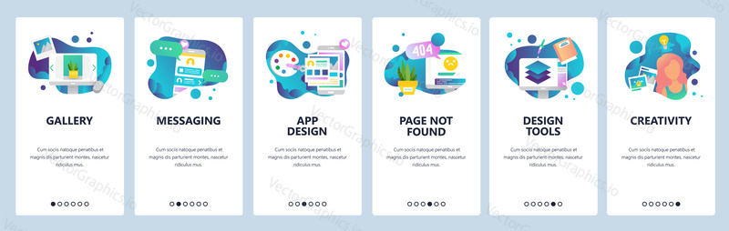 Vector web site onboarding screens template. Design creative tools and software. Mobile online Messaging app and Page not found error. Menu banners for website and mobile app development.