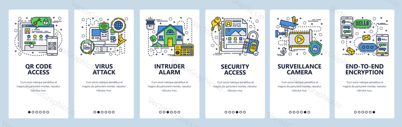 Vector web site linear art onboarding screens template. Security access and encrypted messaging. Menu banners for website and mobile app development. Modern design flat illustration