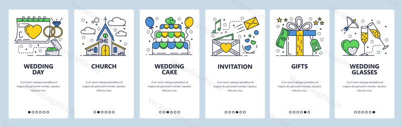 Vector web site linear art onboarding screens template. Wedding day ceremony, invitation cards, wedding cake, church. Menu banners for website and mobile app development. Modern design flat illustration