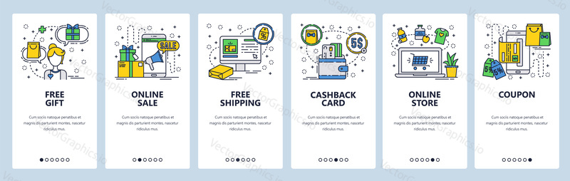 Vector web site linear art onboarding screens template. Online shopping, sales and promotion, cashback service and money payment. Menu banners for website and mobile app development.