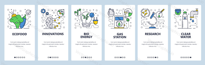 Vector web site linear art onboarding screens template. Organic food, ecology innovations, bio energy and clear water. Menu banners for website and mobile app development. Modern design flat illustration