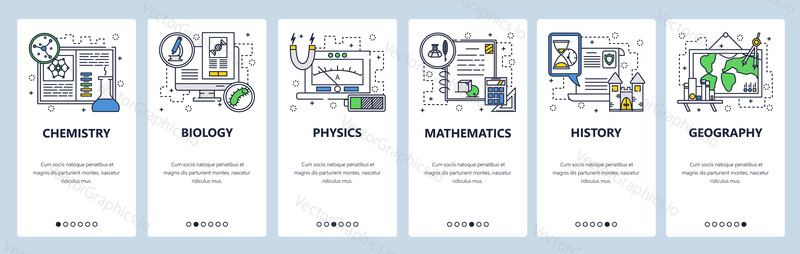 Vector web site linear art onboarding screens template. School education subjects, chemistry, math, physics, biology, history, geography. Menu banners for website and mobile app development. Modern design flat illustration