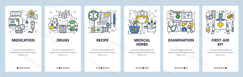 Vector web site linear art onboarding screens template. Healthcare and medicine icons. Drugs, first aid kit, nurse. Menu banners for website and mobile app development. Modern design flat illustration