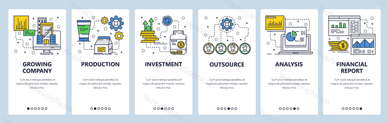 Vector web site linear art onboarding screens template. Business and money investment. Financial report and charts. Menu banners for website and mobile app development.