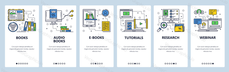 Vector web site linear art onboarding screens template. Electronic books, audio book and online tutorials. Menu banners for website and mobile app development. Modern design flat illustration