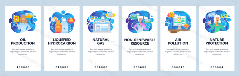Mobile app onboarding screens. Oil production, natural gas, air pollution. Menu vector banner template for website and mobile development. Web site design flat illustration.