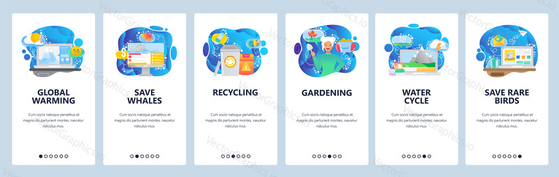Mobile app onboarding screens. Climate change, global warming, recycling waste and save animals. Menu vector banner template for website and mobile development. Web site design flat illustration.
