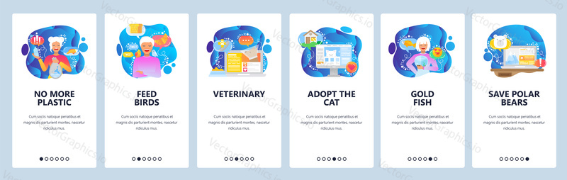 Mobile app onboarding screens. Save the planet, protect animals, no plastic bags. Menu vector banner template for website and mobile development. Web site design flat illustration.