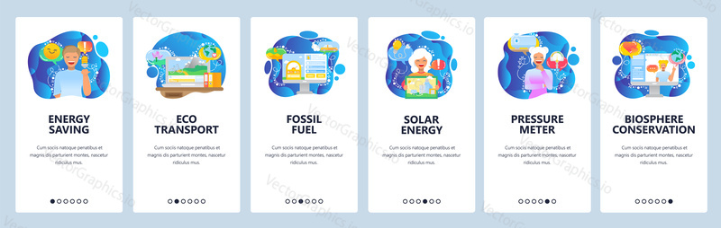 Mobile app onboarding screens. Energy saving, nature conservation, fossil fuel. Menu vector banner template for website and mobile development. Web site design flat illustration.