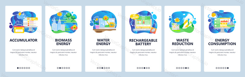Mobile app onboarding screens. Battery charging, waste recycling, biomass energy, power plant, biohazard symbol. Menu vector banner template for website and mobile development. Web site design flat illustration.