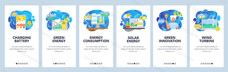 Mobile app onboarding screens. Green energy, power consumption, battery charging. Menu vector banner template for website and mobile development. Web site design flat illustration.