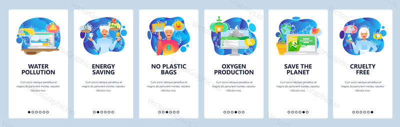 Mobile app onboarding screens. Water and air pollution, save the planet, oxygen production. Menu vector banner template for website and mobile development. Web site design flat illustration.