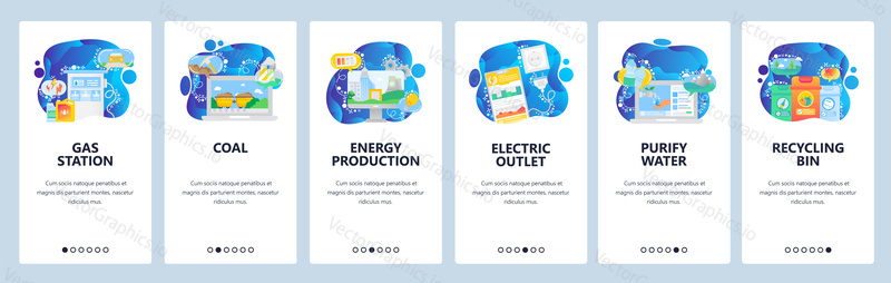 Mobile app onboarding screens. Energy production, gas station, recycling bin. Menu vector banner template for website and mobile development. Web site design flat illustration.