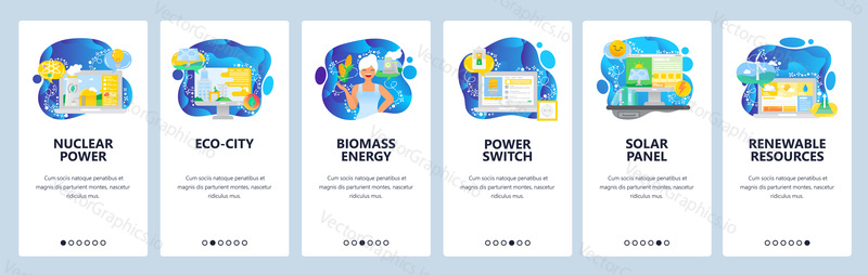 Mobile app onboarding screens. Nuclear power plant, biomass energy, eco city. Menu vector banner template for website and mobile development. Web site design flat illustration.
