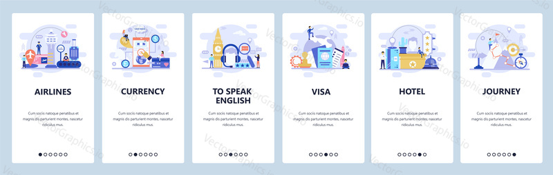 Mobile app onboarding screens. Travel icons, visa, passport, airport and currency exchange. Menu vector banner template for website and mobile development. Web site design flat illustration.