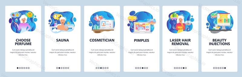 Mobile app onboarding screens. Beauty salon, spa, beauty clinic, injections, cosmetics and perfume. Vector banner template for website and mobile development. Web site design flat illustration.