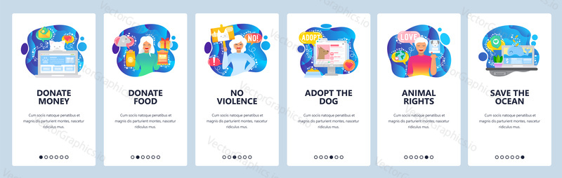 Mobile app onboarding screens. Help animals, dogs shelter, animal rights, donate money. Menu vector banner template for website and mobile development. Web site design flat illustration.